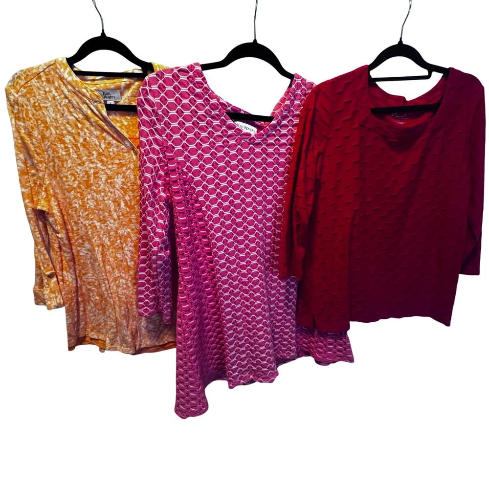 Kim Rogers Lot 3 Tops Size L Red Pink Orange Textured Pattern Casual 3/4 Sleeve
